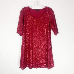Eileen Fisher Top‎ Womens XS Tunic Sequin Red Party Glam Sparkle Shiny Silk